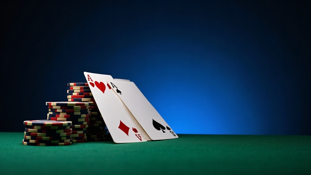 Two aces leaning on stacks of casino chips on green felt