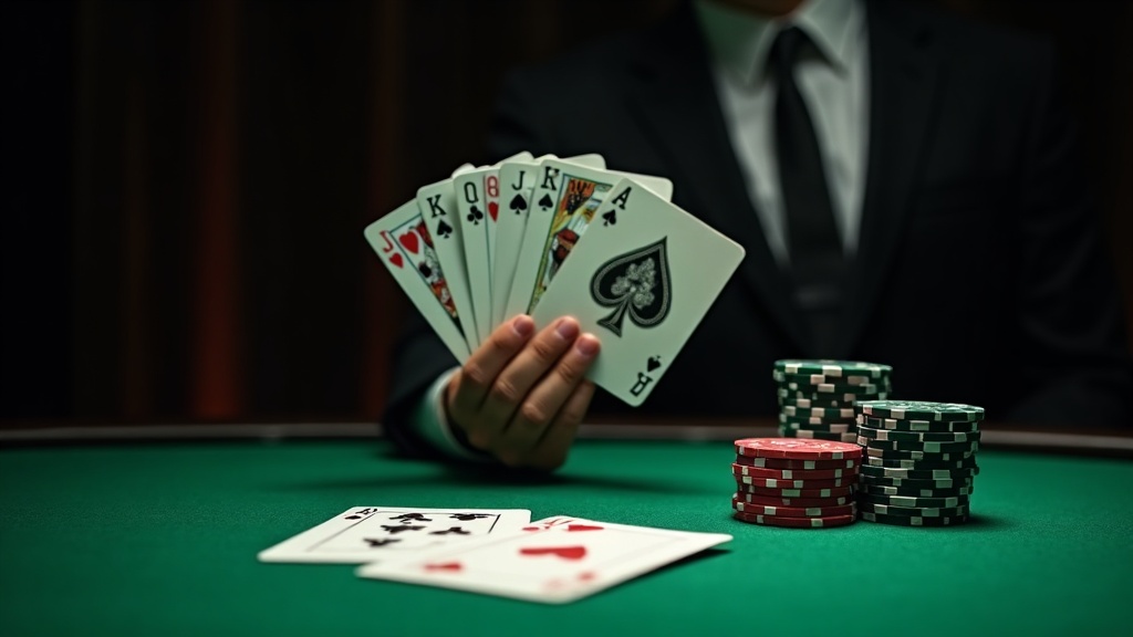 A five-card poker hand held over green felt with a dealer's up card and casino chips on the ante betting circle