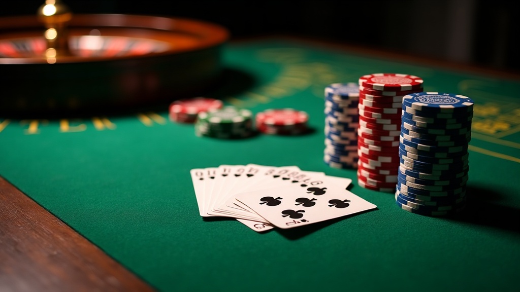 An overhead spread of casino table games — playing cards, a roulette wheel edge, chips and dice on green felt