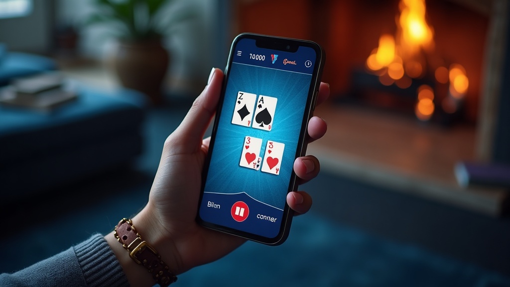 A hand holding a phone playing a video poker game by a fireplace