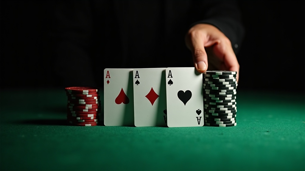 Three cards on green felt beside stacks of casino chips, a hand deciding whether to let it ride or pull the bet