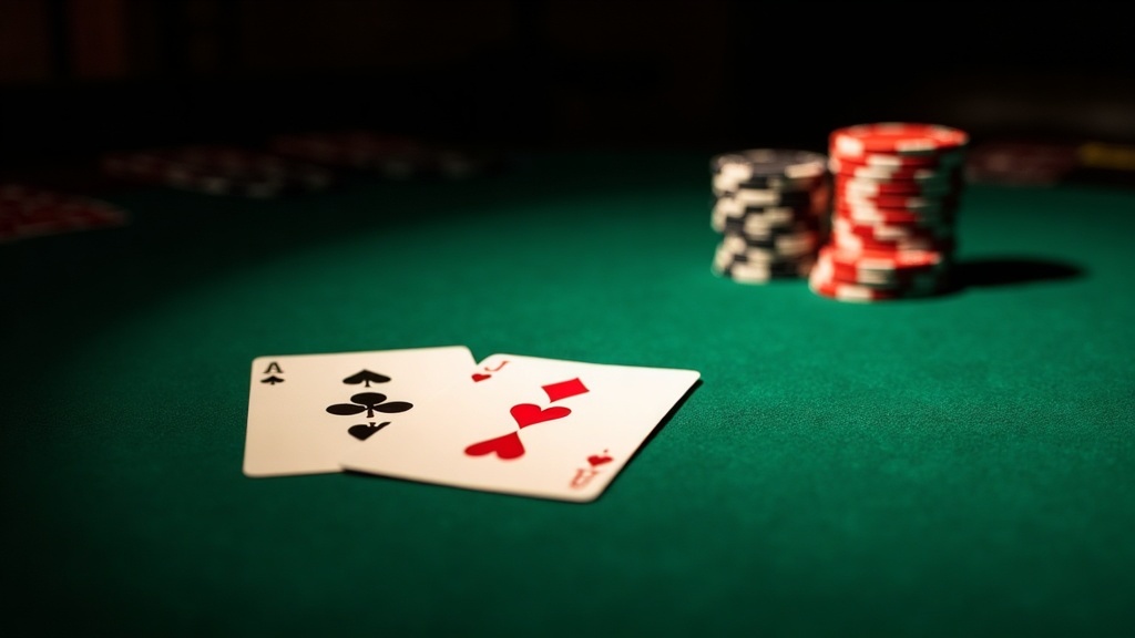A Spanish 21 blackjack table on green felt with playing cards, a dealer up card and casino chips